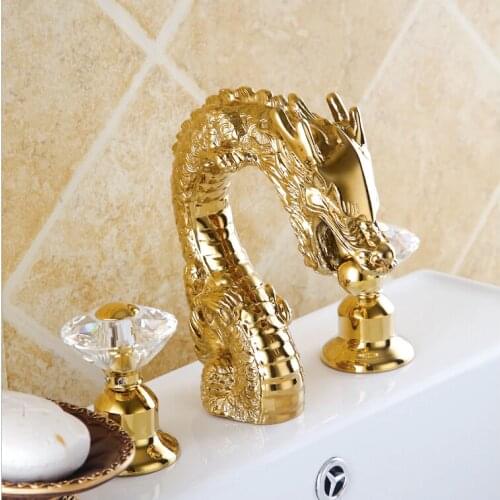 Free shipping 3 pieces GOLD CLOUR dragon faucet bathroom lavatory sink animal faucet crystal handles