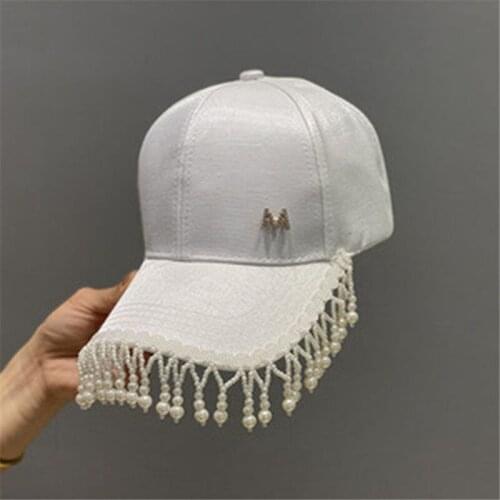 Woman Girl Pearl Drop Baseball Hat Silk Cotton Luxury Sunhat Rhinestone Letters Snapback Cap High Quality Fashion Hat