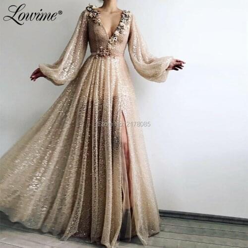 Shiny Champagne V Neck Evening Dresses 2019 Couture Arabic Long Sleeves Party Gowns Abendkleider Beaded Flower Prom Dress