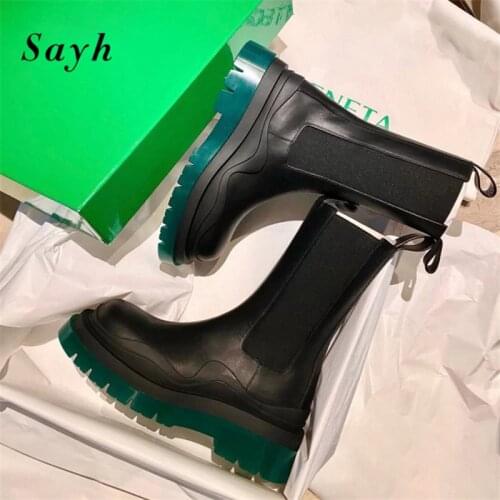 Thick-soled Chelsea Boots Women 's Short Boots Mid-tube Martin Boots -soled Boots Women 's Cool Boots Green Winter