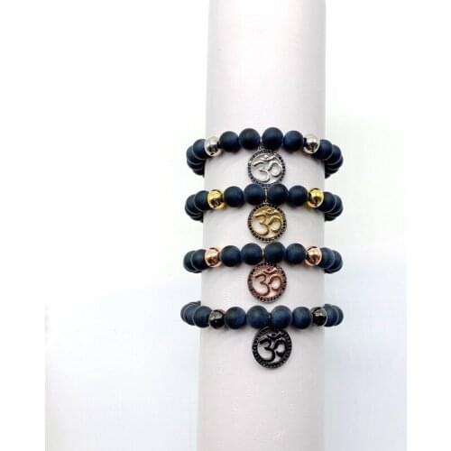 Handmade Beads Bracelets OM Charms 8MM Onyx Beads Elastic Bangles For Men