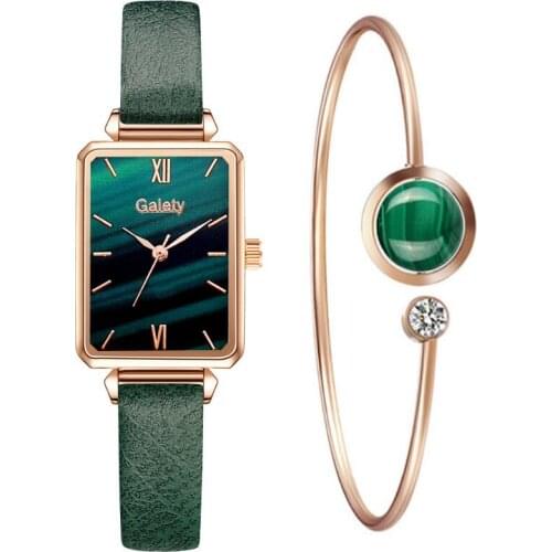 Rectangle Green Dial Women Watch Set Hot Sales Luxury Ladies Wristwatch Top Brand Leather Womans Watches Gift Clock reloj mujer
