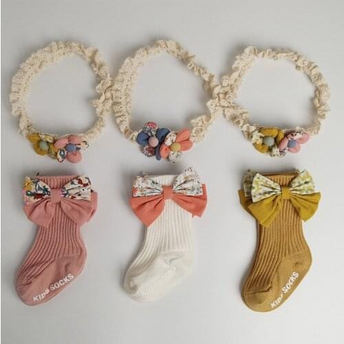 Baby Girl Birthday Present Flowers Lace Headwear Floral Spell Color Bowknot Socks Sets Autumn Newborn Cotton Socks Princess Gift
