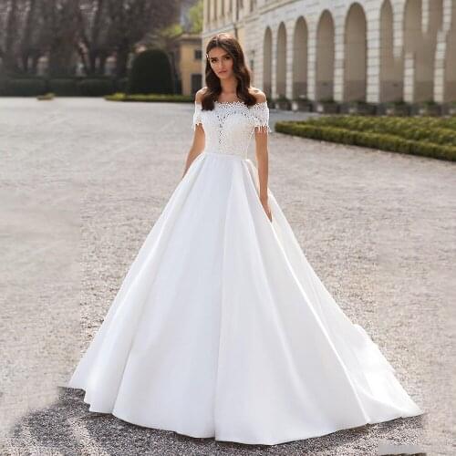 Elegant Satin Lace A-Line Wedding Dresses Boat Neck Short Sleeve robe de mariee Bridal Dress