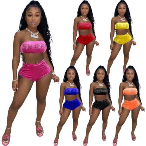 Letter Hot Diamond Two Piece Shorts Set Sleeveless Strapless Yoga Pants Sports Biker Matching Set Women Summer