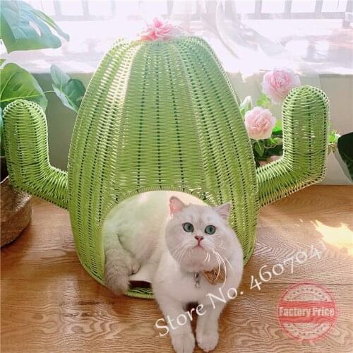 Creative Cactus Shape Rattan Cat Nest Pet House Bed Cats Basket waterproof Cat Cage Products for Cats Pet Supplies Cat 45x68cm