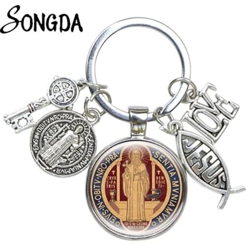 Round Religion Jesus Keychain Peace Love Fish Cross Charms Key Chains Key Rings for Car Bag Glass Dome Faith Christian Jewelry