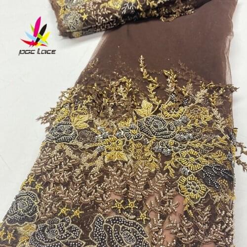 Brown Gold Beads Lace Fabric Newest Embroidered Tulle Fabric Handmade Pearls for Women Dresses Beaded Lace Fabric XZ2850B