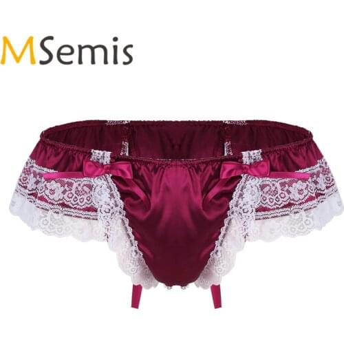 Swimwear Mens Lingerie Bikini Thong Underwear Shiny Satin Lingerie Panties Floral Lace Back with Big Bowknot Male Thong Panties