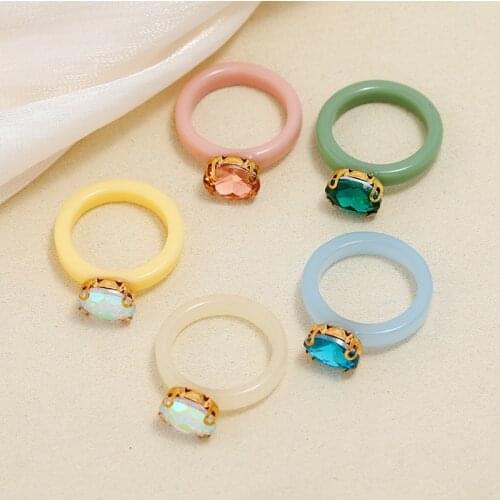 Summer Colorful Transparent Acrylic Resin Rings for Women Korean Geometric Square Rhinestone Ring Jewelry Travel Gifts