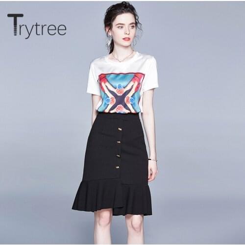 Trytree 2020 Summer Women Two Piece Set Casual O-neck T-shirt Loose Print Tops + Skirt Ruffles Single Breasted Set 2 Piece Set