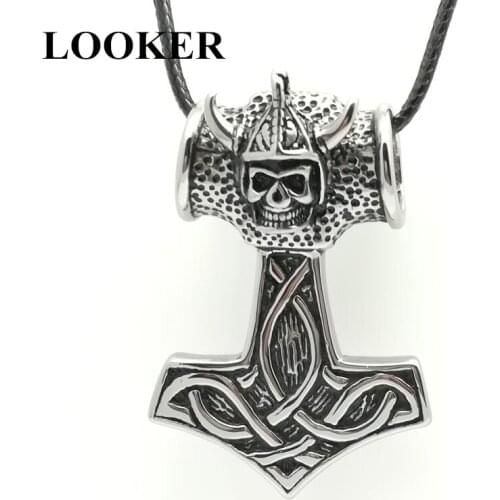 LOOKER Mens Black Punk Thor hammer Skull Pendant Necklace Stainless Steel Norse Viking Pewter Pendant Necklace Jewelry