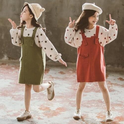 Menoea Fashion Autumn Kids Girls Clothing Set Polka Dots Casual Sweater Top Overalls 2pcs Outfits For Toddler Children Clolthes