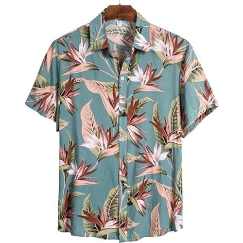 Men s Summer Short Sleeves Shirt Floral Print Turn-Down Collar Beaches Shirt Men s Tops Black/Green/White