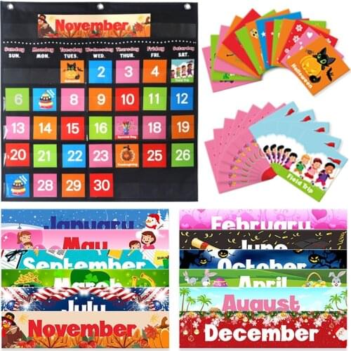 Early Education Calendar Hanging Bag Teaching Aid Calendar Pocket Chart Card Month Holiday Date Classroom Bedroom Learning Toys