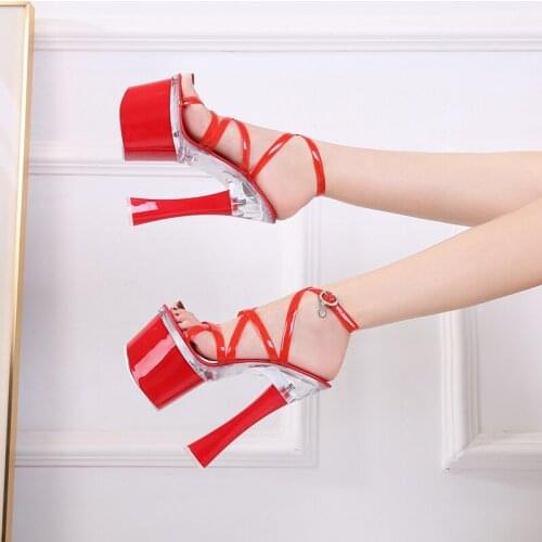 Female Sexy Transparent Cross Belt Hollow Pole Dance Shoes 18 CM Party Club Women T Stage Thick Bottom Super High Heel Sandals