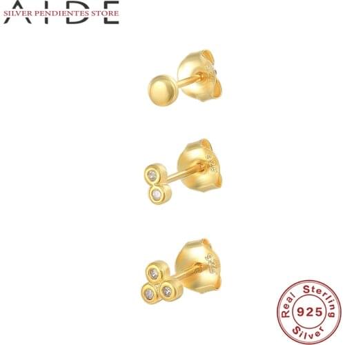 AIDE 3pcs Mini Screw-back Zircon Stud Earrings 925 Sterling Silver Classical Style 18k Golden Plating Allergy Free Jewelry