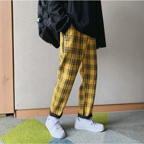 Streetwear Yellow Plaid Pants Men Joggers 2021 New Man Casual Straight Harem Pants Men Korean Hip Hop Track Pants Plus Size