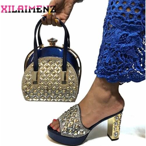 Dark Blue High Quality Woman Luxury Crystal Slippers And Purse Set For Party African Rhinestone High Heels Wedding Shoes And Bag