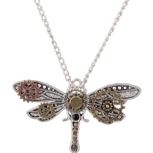 Vintage Antique Silver Dragonfly Animal Pendant Steampunk Gears Necklace