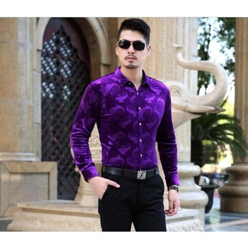 High Quality Newest Style 2016 Autumn Mens Fashion Floral Gold Velvet Dress Shirt Formal Males Business Long Sleeve Velvet shirt