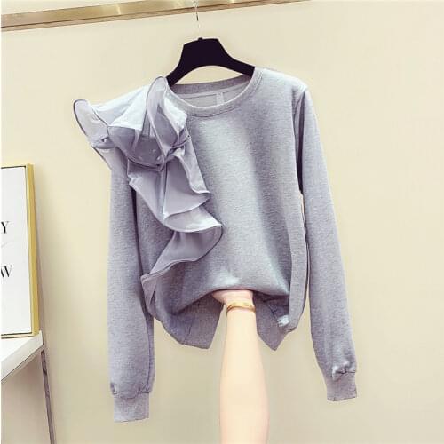 Women Hoodie 2019 Spring and Autumn New Korean Side Irregular Lotus Leaf Edge Casual Shirts Ruffle Sweatshirt Pullover Tops