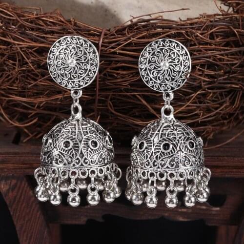 Womens Vintage Ethnic Gypsy Water Drop Golden Indian Earrings Boho Jewelry Retro Bell Tassel Hollow Ladies Earrings