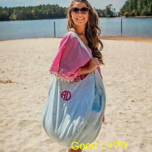 100pcs/lot Wholesale New Arrival Latest Fashion Personalized Summer Fashionable Monogram Seersucker Hobo Beach Tote bags