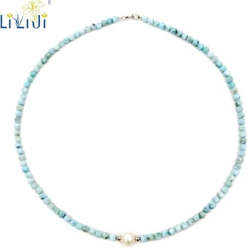 LiiJi Unique Blue Larimar 2mm/3-4mm Freshwater Pearl 925 Sterling Silver Choker Necklace
