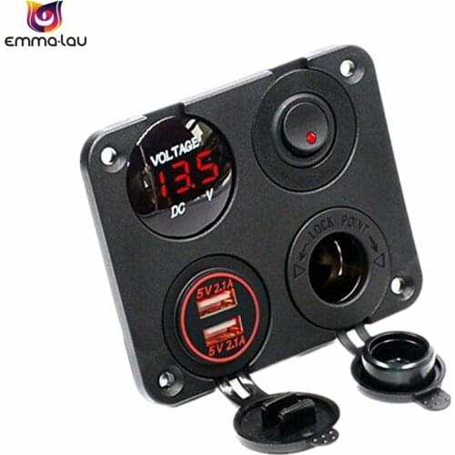 4 Port Car Diy Panel Red LED Voltmeter Dual USB Socket Adapter 2.1A 12V Power Outlet Toggle Switch For Boat RV Truck Vehicle
