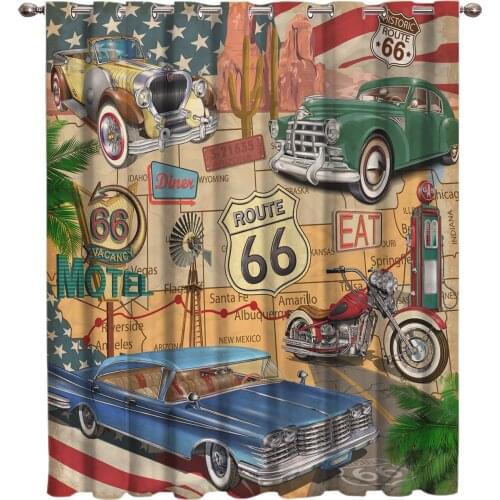 Retro Route 66 Poster Room Curtains Large Window Living Room Kitchen Outdoor Fabric Drapes Indoor Decor Kids Window