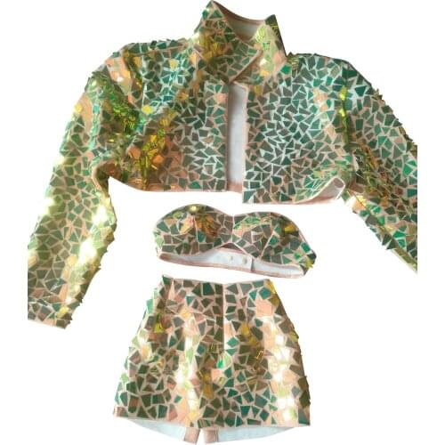 Shiny Geometry Sequin Short Jacket Breast Wrap Split Mini Dresses Nightclub Ds Dj Stage Outfit Party Jazz Dance 3 piece Clothes