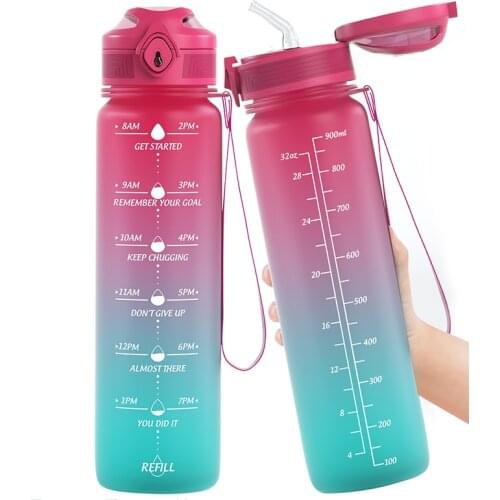 Lunidry Water Bottles With Straw Time Marker 1L Motivational Water Jug BPA-Free Leakproof Large Capacity Outdoor Gradient