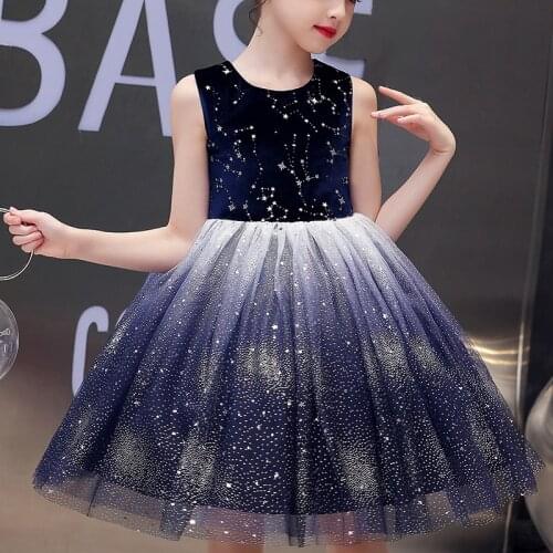 Kids Flower Girls Dress Starry Sky Pattern Casual Princess Summer Mesh Party Formal Children Tutu Sweet Dress