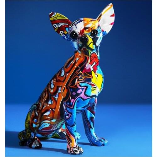 Creative Color Bulldog Chihuahua Dog Statue Figurine Resin Sculpture Home Office Bar Store Decoration Ornament Crafts