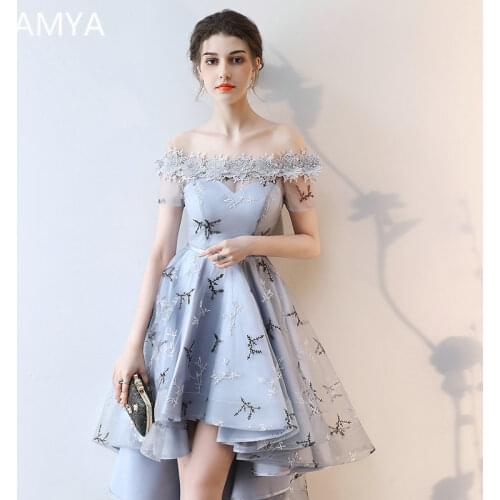 LAMYA Embroidery Prom Dresses Short Front Back Long Tail Banquet Evening Dress 2021 Formal Party Gown Plus Size Elegant Dresses