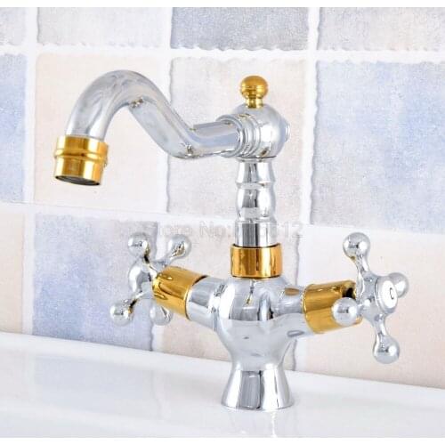 Chrome & Gold Color Brass Kitchen Bathroom Sink Faucet 360 Degree Swivel Spout Double Cross Handle Basin Mixer Tap tsf811