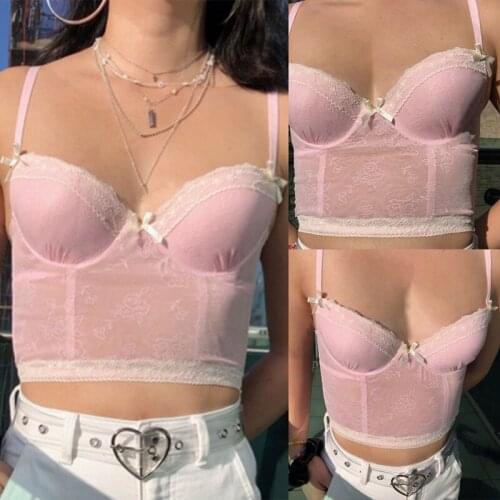 Hot kf-Womens Fashion Sexy Lace Stitching Sling Short Vest Pink