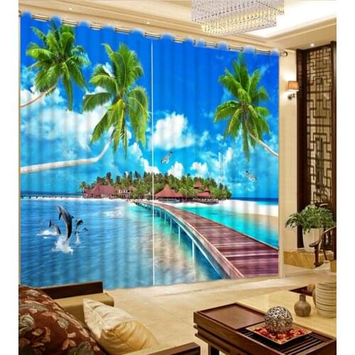 Fashion Customized 3d curtains Blue sky and white clouds island scenery fashion decor home decoration for bedroom
