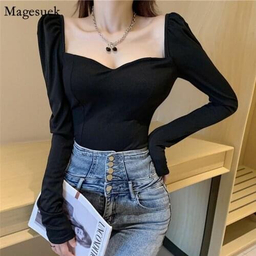 New Solid Korean Blouse Women Casual Square Collar Plus Size Sexy White Top FemaleVintage Black Puff Sleeve Shirt Blusas 12605