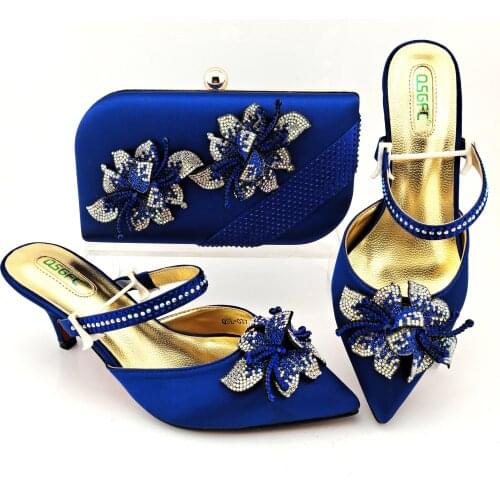 New Arrival Elegant Style Italian Design Luxury Blue Color Crystal Fashion and Noble Ladies Shoes and Bag Set for Party