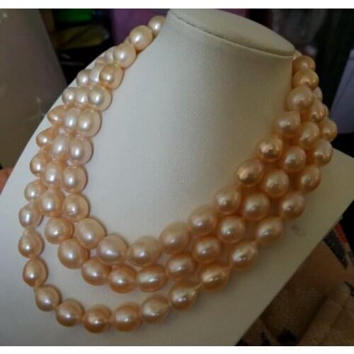 Charming 3 row natural 12-14 mm South pink pearl necklace