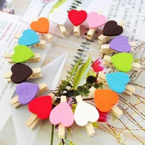 Wholesale 50pcs/lot colour mixture heart shape Lovely wooden clip message clip photo clip bookamarks
