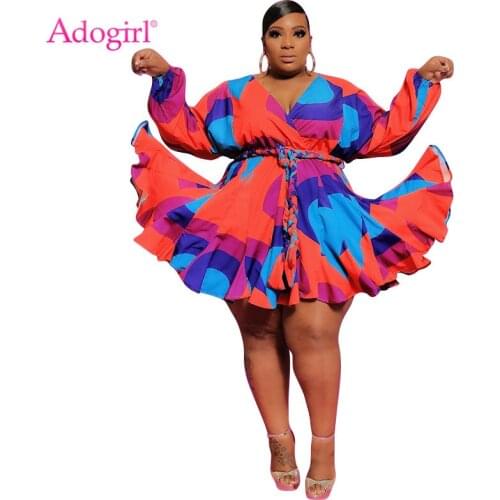 Adogirl Autumn Tie Dye Print Loose Pleated Mini Dress Plus Size S-5 XL Sexy Deep V Neck Long Sleeve Short Vestidos With Lace Up