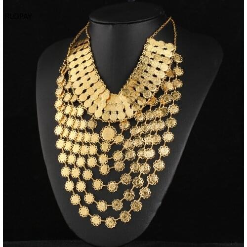 Algerian Bride Necklace with Lucky Coin Middle Eastern Fashion Necklace with Tassel and Gold Plated Copper Coin Pendant Necklace