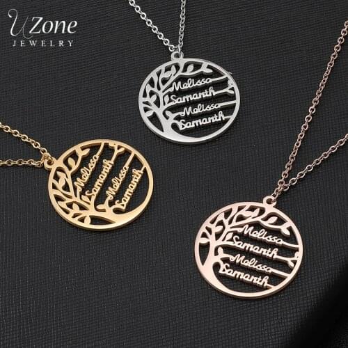 UZone Custom Name Family Tree Necklace For Women Stainless Steel Personalized Nameplate Necklace Statement Jewelry Birthday Gift