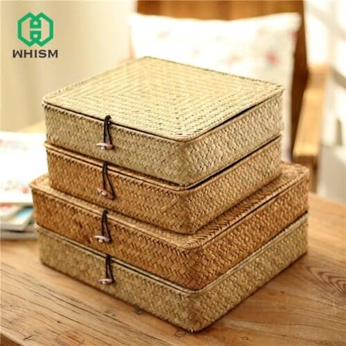 Rectangle Rattan Storage Boxes Handmade Wicker Storage Container Jewelry Box Cosmetic Organizer with Lid Woven Seagrass Case