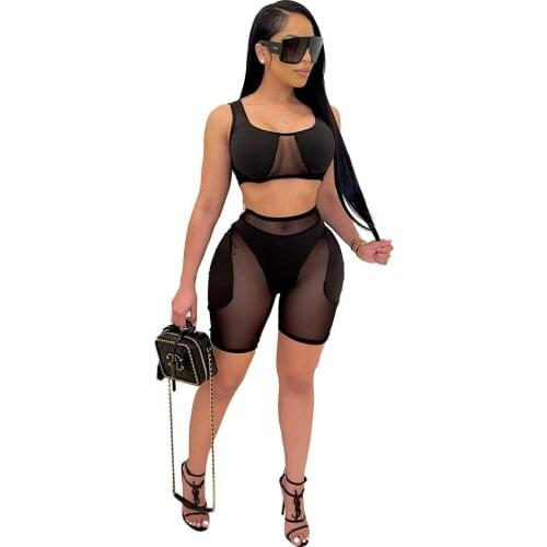Sexy Women Tracksuit Two Piece Set Sheer Mesh See Through Has Stretch Streetwear Summer Clothes For Women Outfit