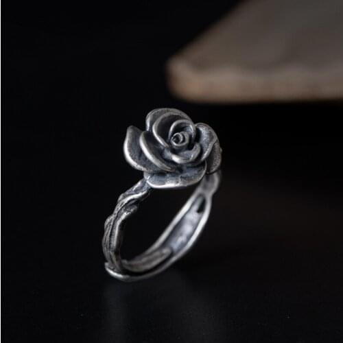 Silver Retro Flower Ring Opening Hand Ornament Can Adjust Thai Silver Mountain Camellia Ring, Female Sterling Silver