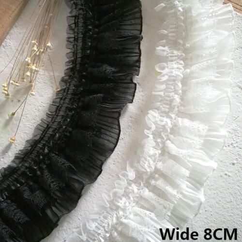 8CM Wide White Black Chiffon Pleated Fabirc Collar Lace Applique Embroidered Ribbon Dress Firnge Sewing DIY Garment Accessories